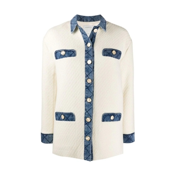 SANDRO Chelby Tweed Denim Jacket White Blue Coat 38 6 Medium - Picture 10 of 10
